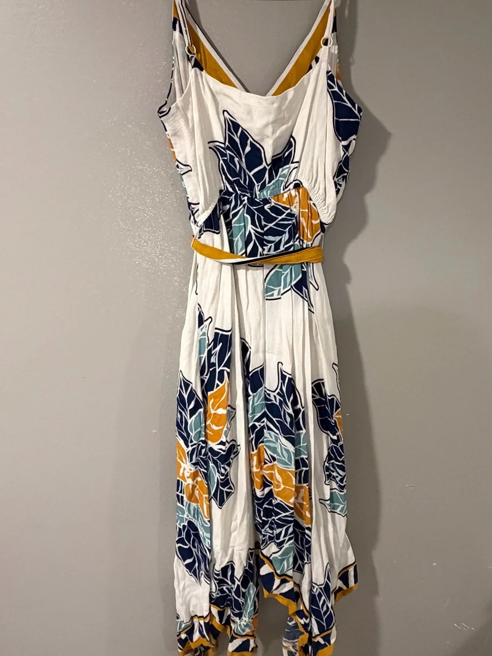 Nine West White Maxi Dress with Navy, Mustard & Teal Leaf Print - Picture 3 of 3